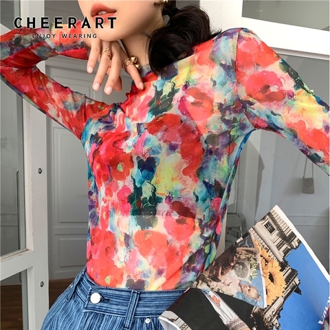 CHEERART rouge col rond haut en maille à manches longues t-shirt peinture à l'huile Y2k mode haut à fleurs col rond t-shirt Femme 2022 mode femmes ► Photo 1/6