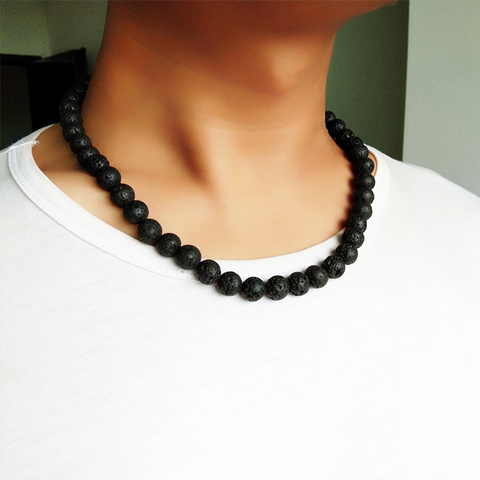 Collier fait à la main pour hommes, 6mm 8mm, pierres volcaniques noires, ras du cou, pierres rocheuses, bijoux faits à la main, livraison directe ► Photo 1/1