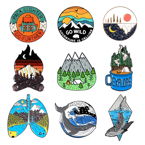 Dessin animé rond soleil lever du soleil montagne pic oiseau feu broche nature bois mer vague baleine émail broche badge punk bijoux cadeau pour enfant ► Photo 1/6