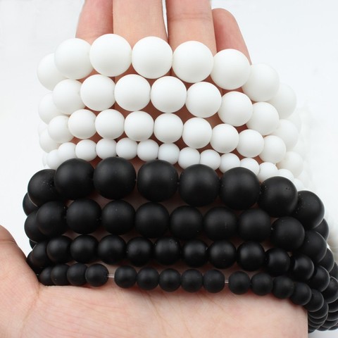Perles rondes lisses en pierre naturelle, blanc, noir, agate, Onyx mat, pour la fabrication de bijoux, Bracelet, bricolage, 15 pouces, 4 à 12mm ► Photo 1/6
