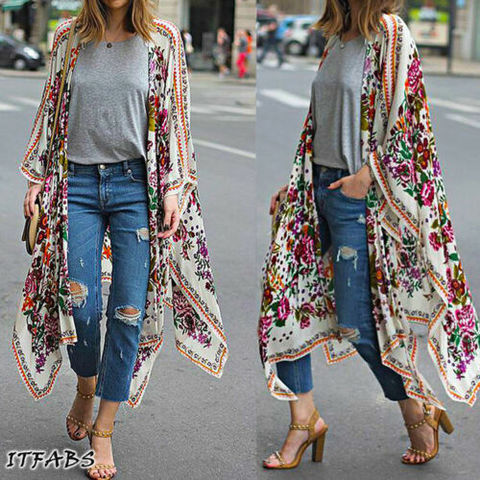 Femmes lâche Floral imprimé Blouse été décontracté bohème en mousseline de soie manteau châle Kimono Cardigan hauts grande taille 3XL ► Photo 1/6