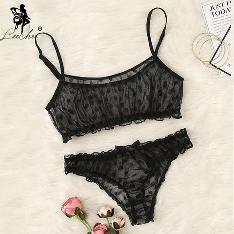 Leechee nouveau dames ensemble de soutien-gorge à pois maille Sexy Lingerie confortable mince soutien-gorge et culotte ensemble volants Transparent sous-vêtements pour femmes ► Photo 1/6