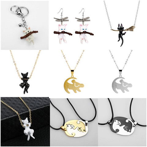 Porte-clés chat chat chaton chien noir blanc Couple, pendentif Animal femmes hommes collier ras du cou cadeau de saint valentin ► Photo 1/6