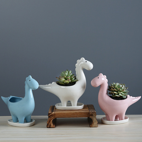 Jardinière dinosaure en céramique blanche avec plateau, Pot de fleurs créatif pour plantes succulentes, décoration de jardin de maison et de bureau ► Photo 1/6