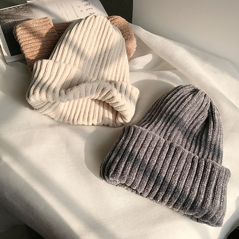 Bonnets tricotés en Chenille pour hommes et femmes, couleur unie, chaud, neige, doux, confortable, pour les loisirs en plein air ► Photo 1/6