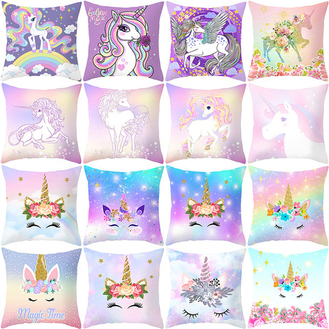 Bande dessinée violet licorne série housse de coussin Polyester taie d'oreiller maison oreillers décoratifs couverture pour canapé voiture ► Photo 1/5