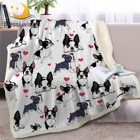 Blesliving – couverture Sherpa bouledogue français pour lit, dessin de chien, plaid doux, animaux, chiot, couvre-lit, cœur, livraison directe ► Photo 1/5