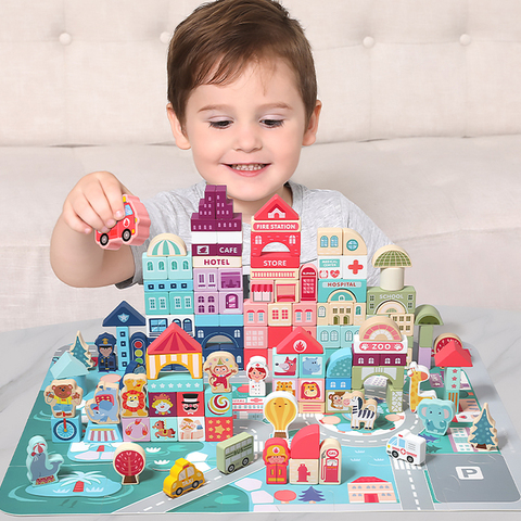 Blocs de construction en bois colorés pour enfants, jeux éducatifs précoces, 100 pièces, scènes de circulation urbaine, forme géométrique ► Photo 1/6