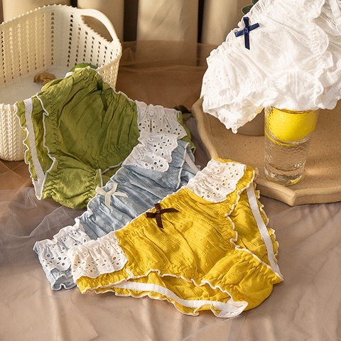 Sous-vêtement en coton pur pour femmes, avec nœud papillon, ajouré, Sexy, bord en dentelle, sous-vêtements mignons ► Photo 1/6