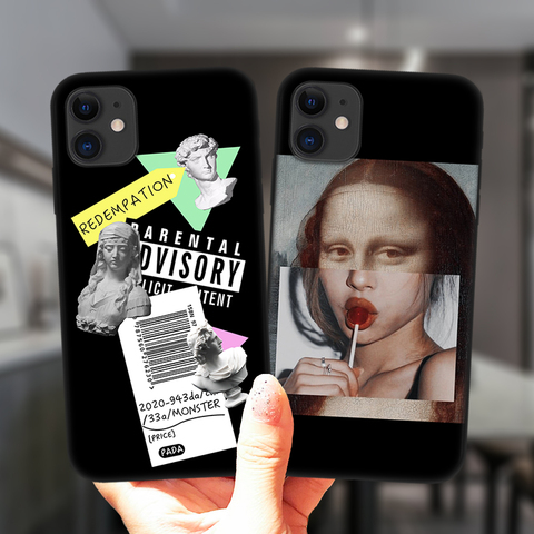 Mona Lisa David Statue D'art Abstrait Housse En Silicone Souple Pour iPhone 11 12 Pro XS Max 8 7 plus X XR 6S 12Mini Noir Étui de Téléphone ► Photo 1/6
