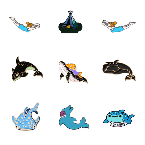 Badge à revers en émail pour enfants, broches, baleine, requin, dauphin, animal, poisson sous-marin, monde, accessoire bijoux, mode ► Photo 1/6