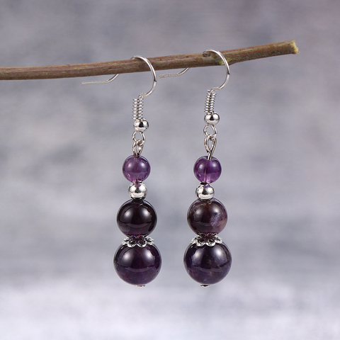 Boucles d'oreilles en pierre naturelle pour femmes, 6, 8, 10mm, perles de cristal rose violet, longues, crochet, goutte, bijoux cadeaux pour femmes ► Photo 1/6