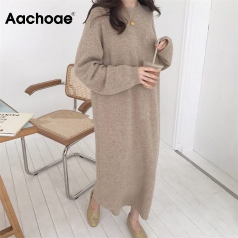 Aachoae femmes automne robes longues en vrac 2022 solide O cou tricoté pull Robe Femme à manches longues tenue décontractée Robe Femme ► Photo 1/6