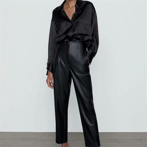 TRAF femmes 2022 mode Faux cuir couture Visible détail pantalon Vintage taille haute côté fermeture éclair femme cheville pantalon Streetwear ► Photo 1/6