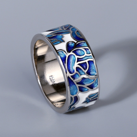 Nouveau dames classique époxy émail bleu fleur dames anneau 925 argent dames bijoux bague de mariage bijoux de mariée large bague en argent ► Photo 1/5