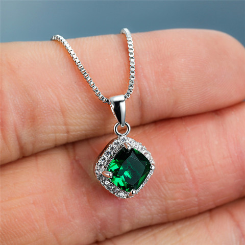 Collier avec pendentif en cristal vert Simple pour femme, chaîne en Zircon, mignon, carré de mariage ► Photo 1/6