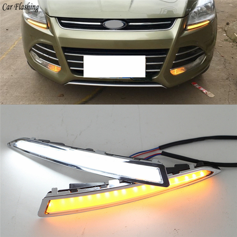 1 paire pour Ford Kuga Escape 2014 2015 2016 2017 feux diurnes DRL LED couvercle de feu de brouillard avec fonctions de clignotant jaune ► Photo 1/6