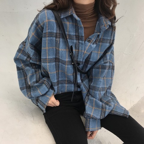 Chemisier à carreaux surdimensionné de Style coréen pour femmes, en coton, à manches longues, grande taille, à boutons, collection automne 2022 ► Photo 1/6