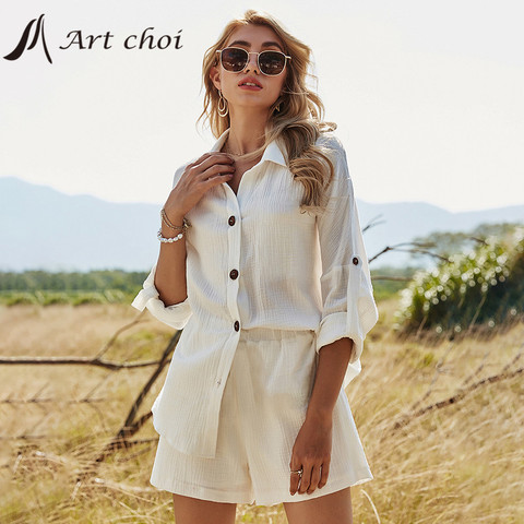 Printemps été deux pièces ensemble pull survêtement tenue décontractée costumes femmes blanc hauts type chemisier lin Shorts pantalons 2 pièces ensembles ► Photo 1/1