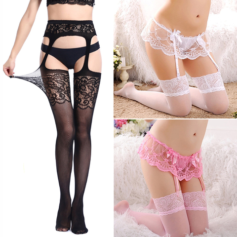 Femmes transparentes Sexy dentelle bas avec porte-jarretelle jarretelle résille cuisse haute bas femme Lingerie collants ► Photo 1/6