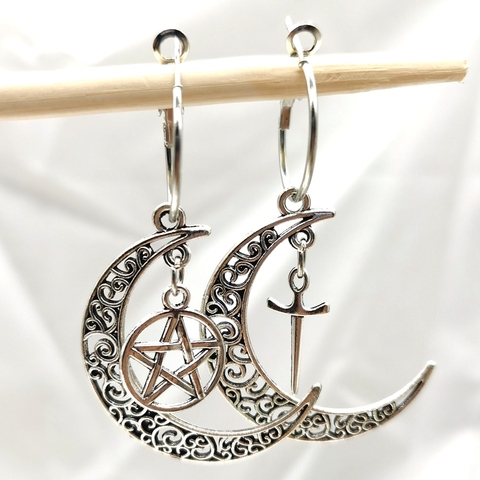 Pentagramme-boucles d'oreilles croissant de lune, boucles d'oreilles de lune et d'étoile, boucles d'oreilles païennes en épée, boucle d'oreille Wiccan magique, pentagramme lune ► Photo 1/2