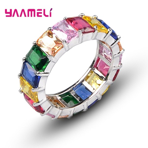 Bonne qualité arc-en-ciel couleur Baguette CZ cristal cubique zircone bagues pour les femmes de luxe 925 en argent Sterling bijoux en or ► Photo 1/6