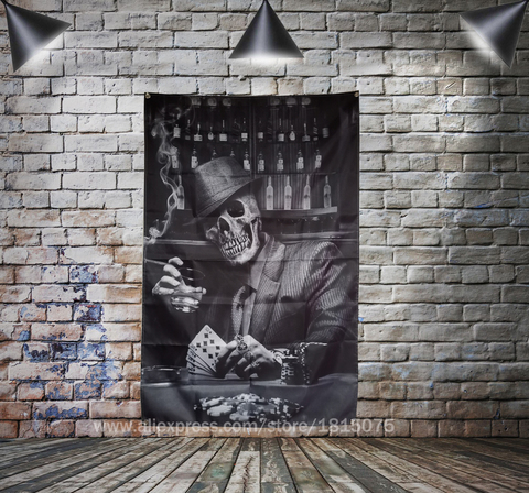Bannière de nuit de vin, tête de mort avec chapeau, 4 emplacements dans les coins, 3x5 pieds ► Photo 1/1
