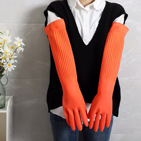 56CM gants de ménage imperméables chaud gant de vaisselle eau poussière arrêter de nettoyer longs gants en caoutchouc travaux ménagers outils de cuisine ► Photo 1/6