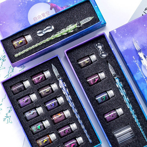 13/7 pièces cristal verre stylo ciel étoilé licorne Dip stylo paillettes poudre plume stylo 12 couleurs encre cadeau coffret fournitures d'écriture ► Photo 1/6