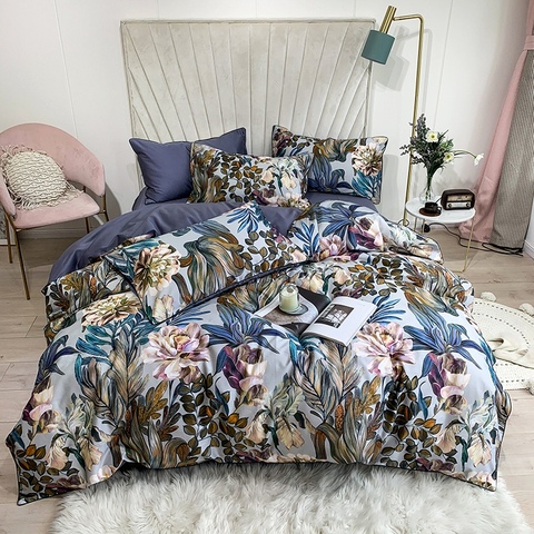 Parure de lit en coton égyptien doux, feuilles tropicales, fleurs et housses de couette, drap de lit King size et Queen size, 100% ► Photo 1/6