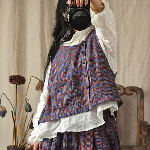 Johnature – gilets Vintage à carreaux pour femmes, manteaux en coton et en lin, poches à boutons, sans manches, amples, Style chinois, nouvelle collection printemps 2022 ► Photo 1/6