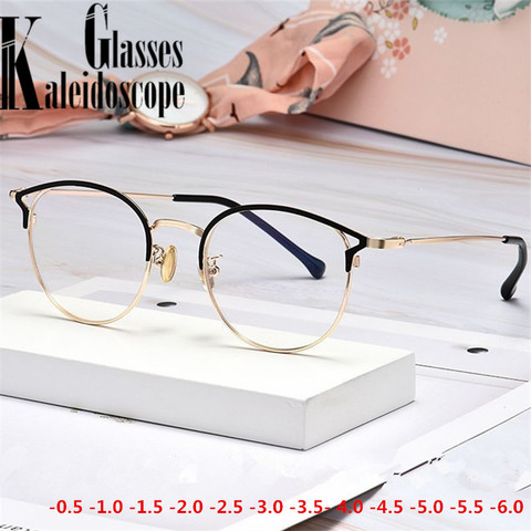 Rond fini myopie lunettes femmes hommes Vintage métal myopie lunettes optique Prescription dioptrie-1 -2 -2.5- 3 -3.5 -4to-6 ► Photo 1/6