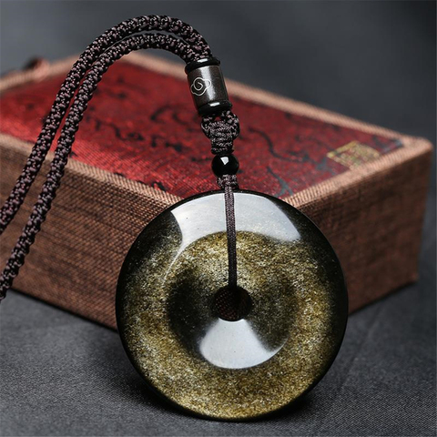 Collier à donuts en obsidienne naturelle, pendentif en or et noir sculpté à la main, amulette porte-bonheur, bijou cadeau ► Photo 1/6