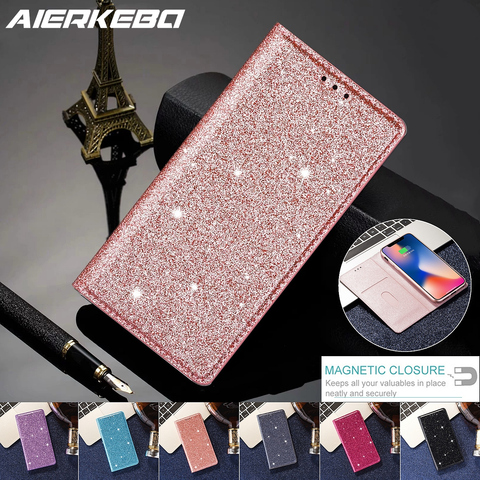 Étui à rabat magnétique en cuir pailleté pour IPhone X Xr Xs 11 12 Mini Pro Max SE 2022 8 7 6 6S Plus housse de porte-cartes portefeuille Bling ► Photo 1/6