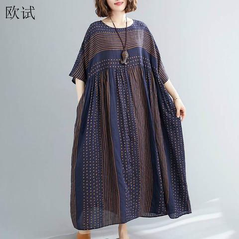 Robe longue rayée à pois, grande taille, robe Vintage en coton, collection 2022 pour femmes, collection décontracté ► Photo 1/6