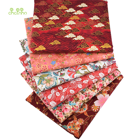 Chainho – tissu en coton sergé imprimé, 6 pièces/lot, tissu Floral rouge foncé, Patchwork, matériel de couture et de matelassage pour bébé ► Photo 1/6