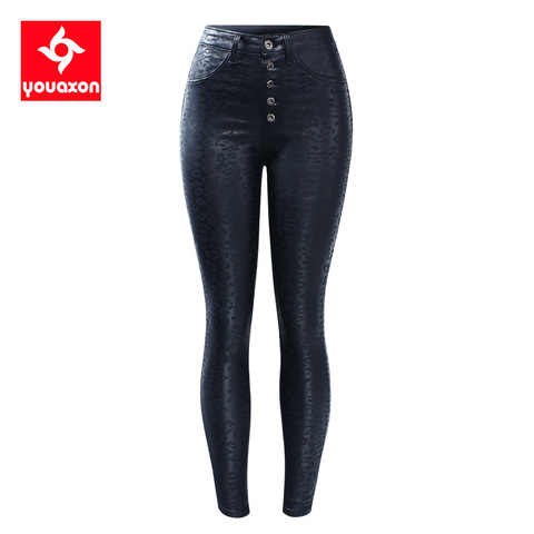 2218 Youaxon taille ue Taille Haute Noir Motif Léopard PU Jeans Femme Stretch Skinny Jeans denim Pantalon grande taille Jeans Pour Femmes ► Photo 1/6