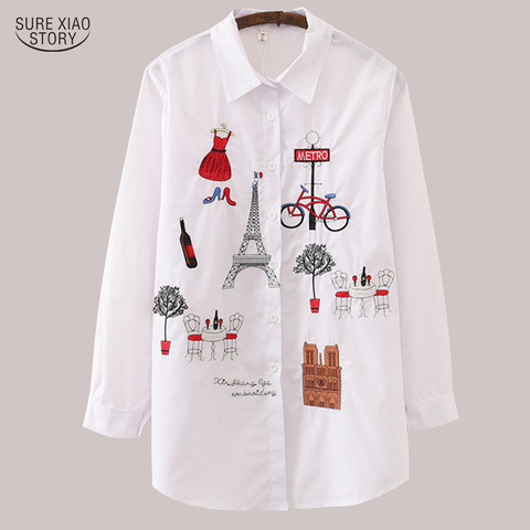 Chemisier blanc à manches longues et col rabattu pour femme, en coton, avec broderie, boutons décontractés, nouvelle collection 2022, 5083 ► Photo 1/6