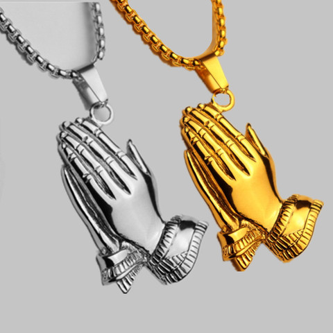 Colliers, pendentifs et pendentifs pour les mains de prière, en acier inoxydable, couleur or, argent, style Hip Hop, collier, pull pour hommes, chaîne, bijoux ► Photo 1/6