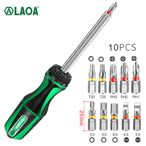 LAOA 10 en 1 jeu de tournevis à cliquet avec 10 pièces S2 Bits 48T 20N.m aluminium tige tournevis fendu HEX TROX outils kit ► Photo 1/6