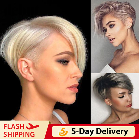 Début perruques de dentelle de cheveux humains pour les femmes 613 miel blond brésilien court Pixie Cut Bob perruques TT1B/gris Ombre pas cher perruques de cheveux humains ► Photo 1/6