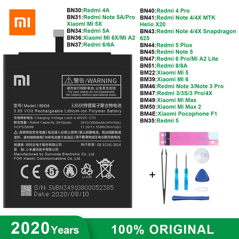 D'origine Xiaomi Téléphone Batterie BN34 BM47 BN43 BN47 pour Redmi 3 3S 3X 4X 4/5/6A 6 8 5Plus Note 3/4/4X/5/5A/6 Pro Mi 5 6 a2 Max 2 ► Photo 1/6