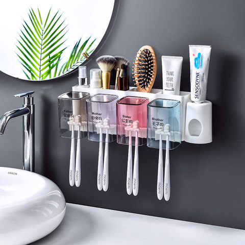 Étagère murale sans clous de rangement pour produits de toilette, distributeur automatique de dentifrice avec tasses, brosse à dents, porte-brosse à dents ► Photo 1/6