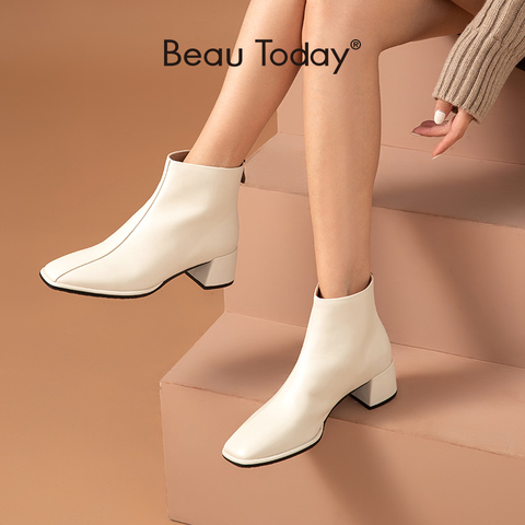 BeauToday – bottines à talons hauts pour femme, chaussures en cuir véritable de veau, bout carré, fermeture éclair à l'arrière, mode, faites à la main, 03858 ► Photo 1/6