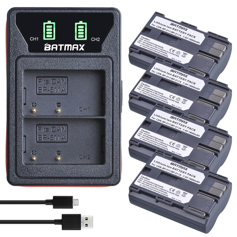 Batterie 4x BP-511A BP-511 BP 511 511A BP511 BP511A avec double chargeur USB LED pour Canon EOS 40D 300D 5D 20D 30D 50D 10D D60 G6 ► Photo 1/6