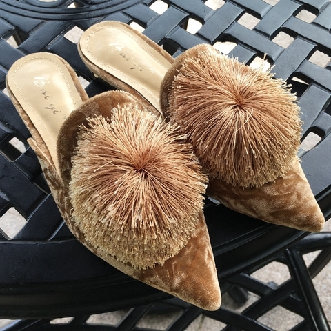 Baotou – pantoufles plates et pointues pour femmes, pantoufles de vacances à pompon, boule de fourrure ► Photo 1/5