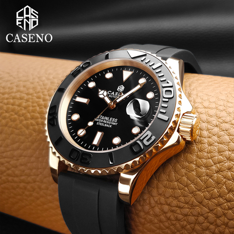 CASENO – montre-bracelet mécanique pour hommes, automatique, marque de luxe, or, acier inoxydable, saphir, miroir, Silicone, nouvelle collection ► Photo 1/6