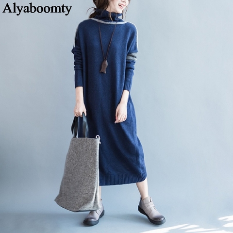 Robe chaude à col roulé pour femme, vêtement tricoté, bleu, épais, élégant, ample, pull, collection automne hiver 2022, grande taille ► Photo 1/5