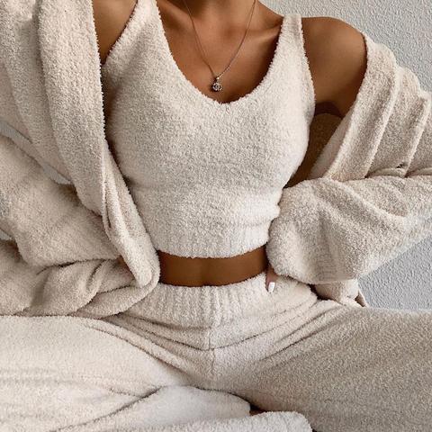 Ensemble pyjama 2 pièces en tricot doux pour femmes, tenue Sexy et confortable, pull, débardeur et pantalon, vêtements de maison décontractés, 2022 ► Photo 1/6