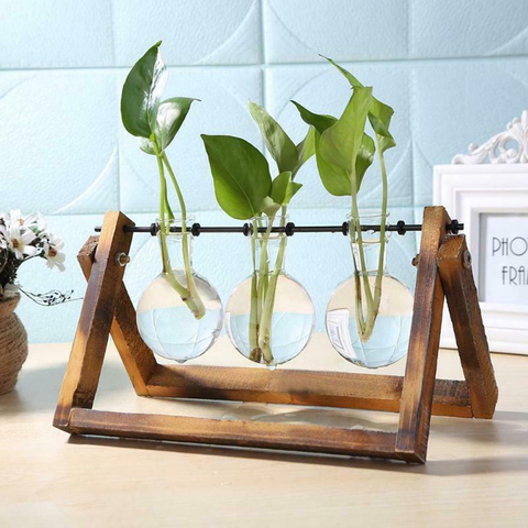 Verre et bois Vase planteur Terrarium Table bureau hydroponique plante bonsaï Pot de fleur suspendus Pots avec plateau en bois décor à la maison ► Photo 1/6